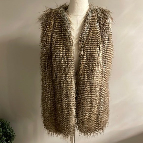 TWELFTH STREET by Cynthia Vincent linear faux fur open vest brown tan pockets S - Picture 4 of 15